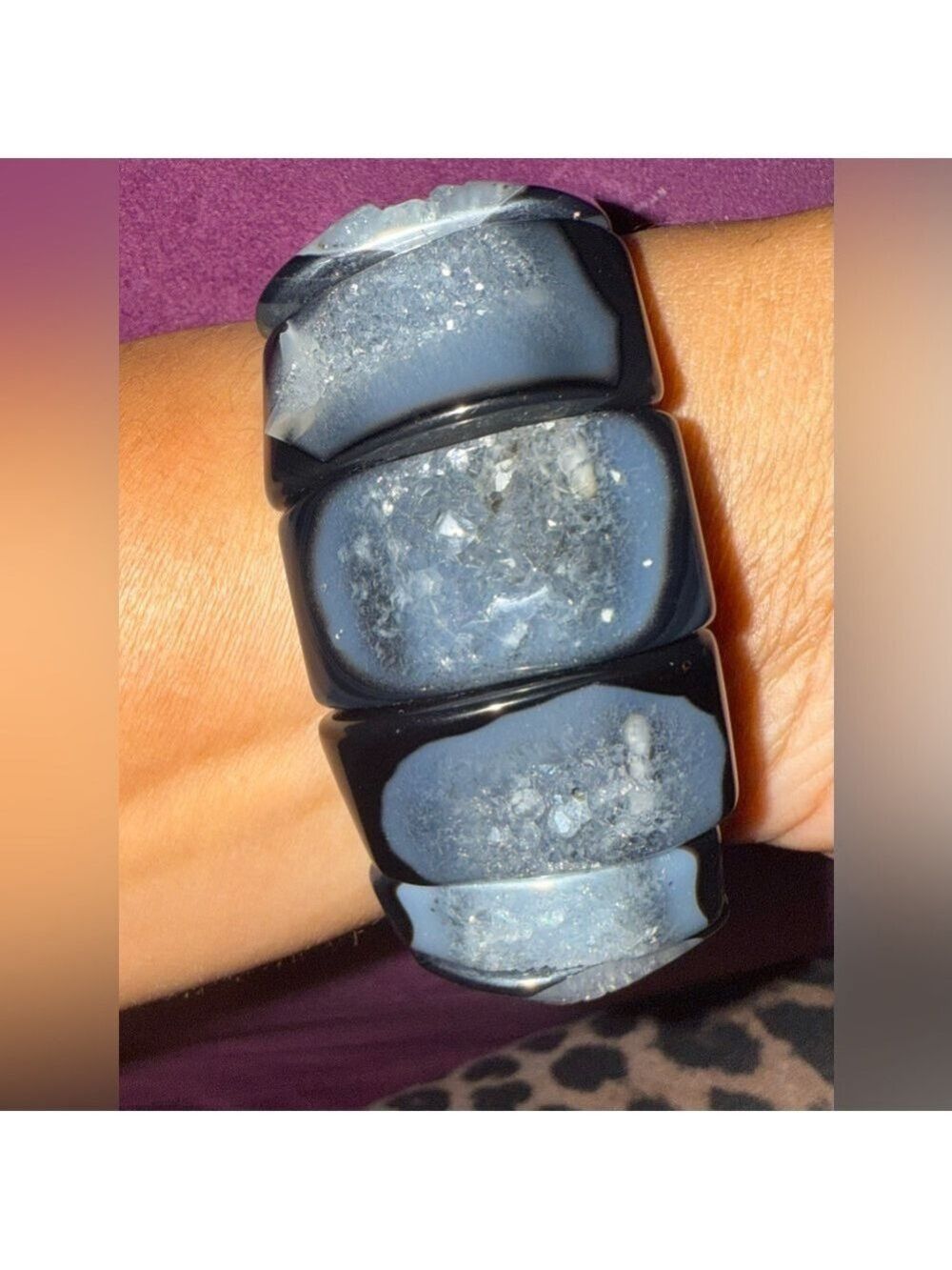 Black Onyx Druzy Quartz Statement Bracelet Chunky Handmade Crystal Cuff